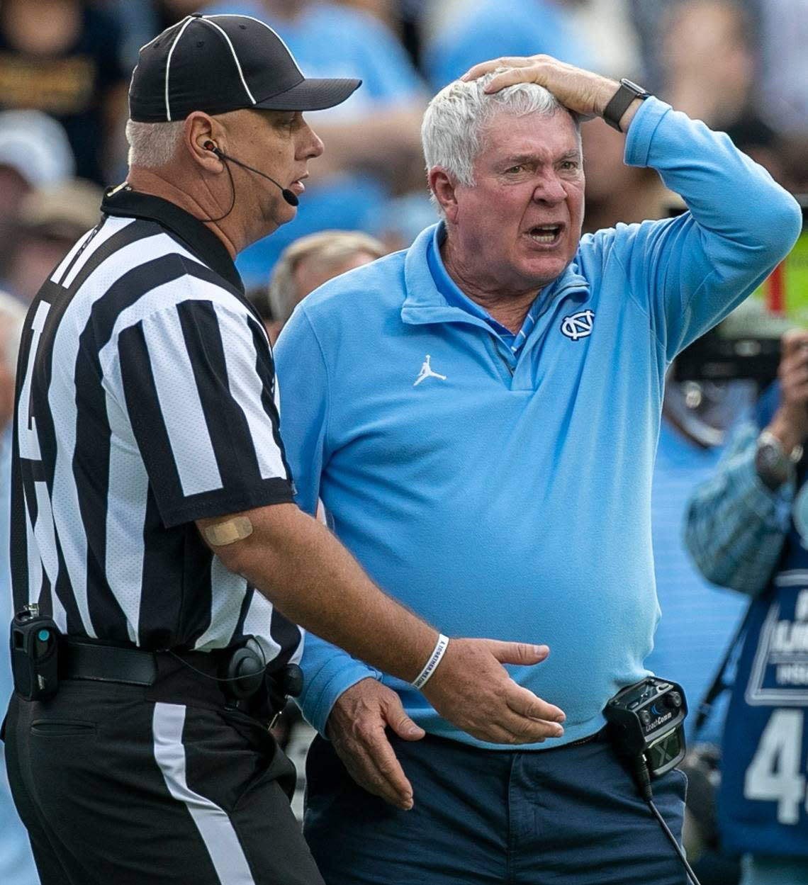 North Carolina coach Mack Brown reacts to a pass interference call against Cedric Gray (33) in the third quarter against Notre Dame on Saturday, September 24, 2022 at Kenan Stadium in Chapel Hill, N.C.