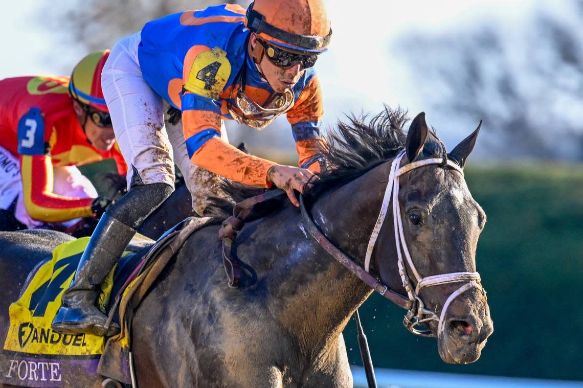 Jockey Irad Ortiz Jr. rode Forte to victory in the Breeders’ Cup Juvenile at Keeneland in 2022.