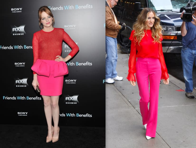 Both Emma Stone (23) and Sarah Jessica Parker (46) dipped their toes in the bright colorblocking game this year. But it was SJP who knocked it out of the park, looking so effortless and chic, while Emma seemed a bit stiff. (Stephen Lovekin/Getty & Donna Ward/Getty)