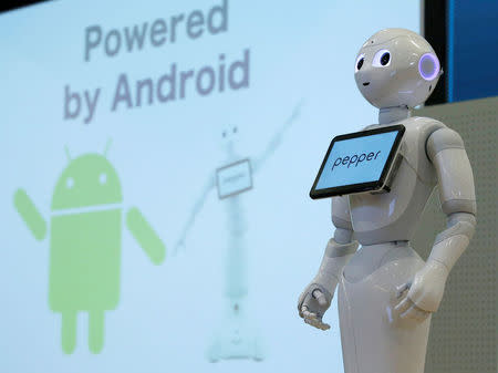 SoftBank's emotion-reading robot Pepper is seen during a demonstration on the robot to show its compatibility with Google's Android software, at the company's headquarters in Tokyo, Japan, May 19, 2016. REUTERS/Toru Hanai