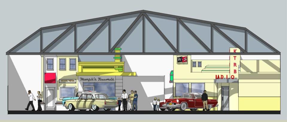 Concept drawing for interior displays for the Graffiti USA Classic Car Museum.