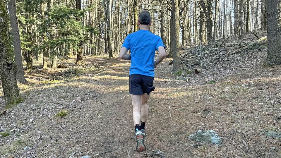 Man wearing Rabbit Run Fuel ’n’ Fly Shorts on the trail