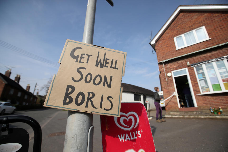  A sign of support for British Prime Minister Boris Johnson, who has been in hospital since Monday  as the spread of the coronavirus disease (COVID-19) continues, in Swynnerton, Britain, April 9, 2020. REUTERS/Carl Recine