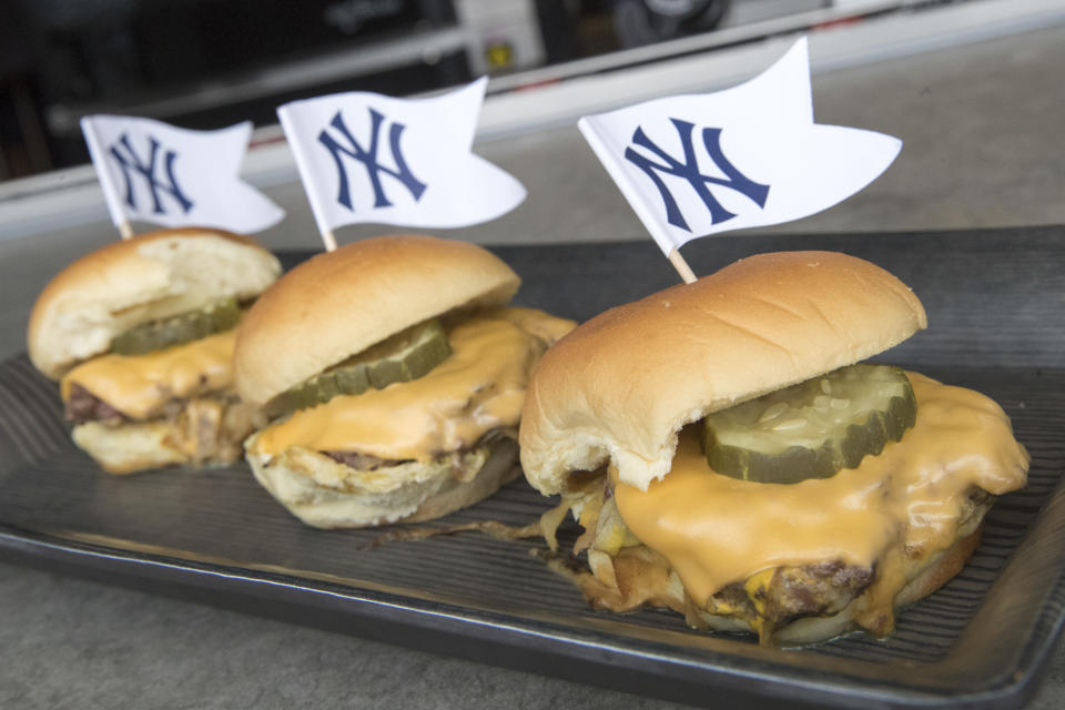 Yankees Dingers, served at Frank's RedHot Terrace, are displayed during a media tour of Yankee stadium, Tuesday, April 4, 2017, in New York. The New York Yankees home-opener at the ballpark is scheduled for Monday, April 10, 2017, against the Tampa Bay Rays. (AP Photo/Mary Altaffer)