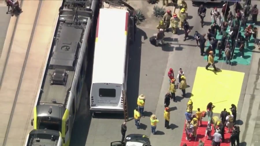 According to preliminary information released by the Los Angeles Fire Department, the crash occurred at 11:54 a.m. on Tuesday, April 29, on Exposition Boulevard between Normandie Avenue and Figueroa Street near the campus of USC. (KTLA)