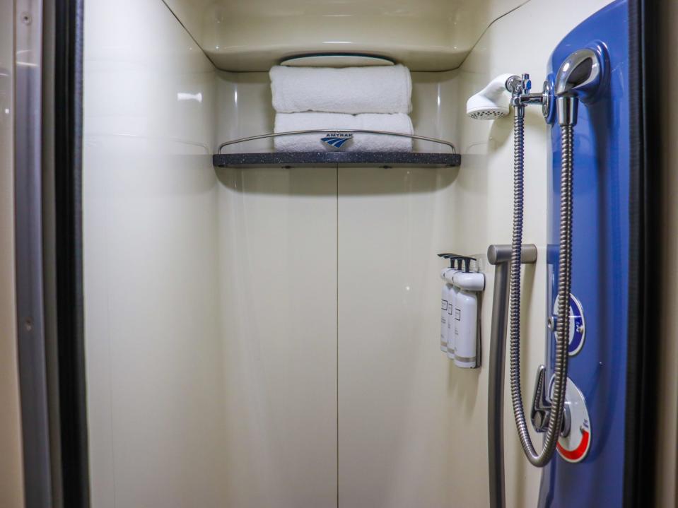 Inside the sleeping car shower of an Amtrak Superliner - Amtrak Upgraded Long Distance Trains 2021