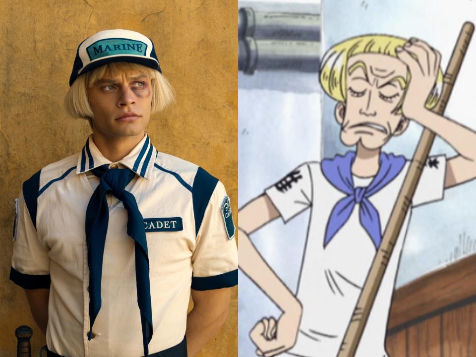 aidan scott as helmeppo in netflix's one piece, with a really bad blonde bowl cut and a marine uniform; right: helmeppo in the one piece anime, wearing a marine uniform without the hat