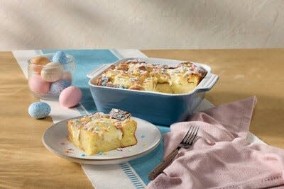 The Heat n' Serve French Toast Bake at Cracker Barrel features thick-cut country bread soaked in vanilla custard, topped with cheesecake filling then baked until golden. Dusted with powdered sugar and topped with holiday sprinkles. Cost starts at $19.99.