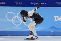 Erin Jackson of the United States competes in the speedskating women's 500-meter race at the 2022 Winter Olympics, Sunday, Feb. 13, 2022, in Beijing. (AP Photo/Sue Ogrocki)