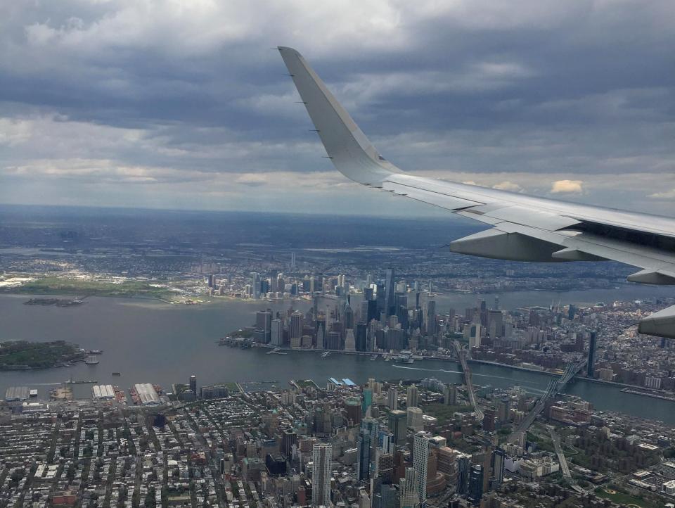 New York City viewed from a plane window.