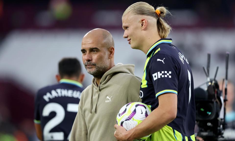 <span>Pep Guardiola with Erling Haaland: ‘No central defender, not even with a gun, will stop him’.</span><span>Photograph: Getty Images/Sportsphoto/Allstar</span>