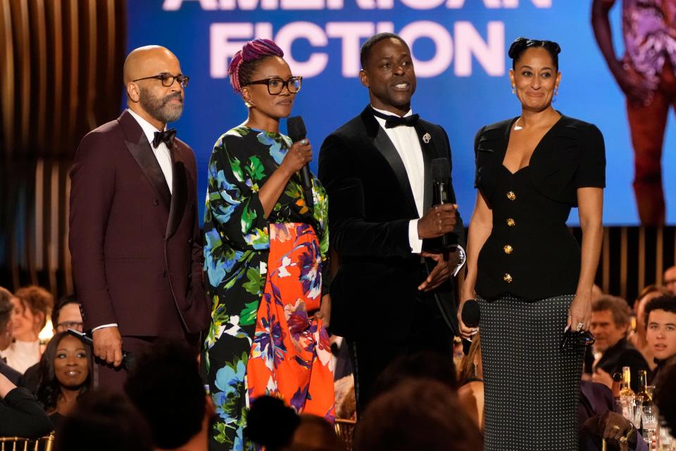 (From left) Jeffrey Wright, Erika Alexander, Sterling K. Brown and Tracee Ellis Ross introduce the clip for “American Fiction” during the Screen Actors Guild Awards on Saturday, Feb. 24, 2024 at The Shrine Auditorium and Expo Hall in Los Angeles.