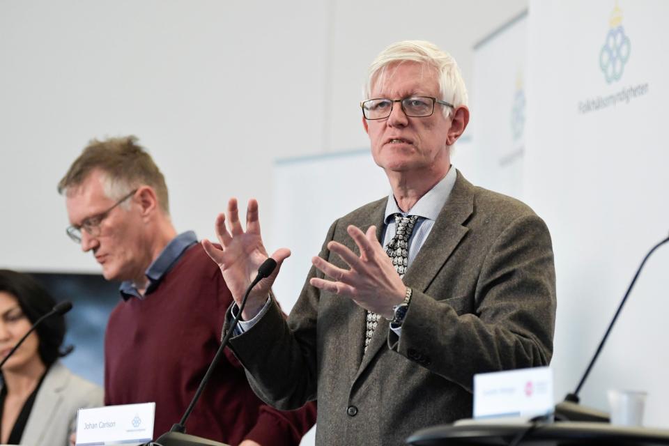 Anders Tegnell, the State epidemiologist of the Public Health Agency of Sweden speaks at a daily news conference (via REUTERS)