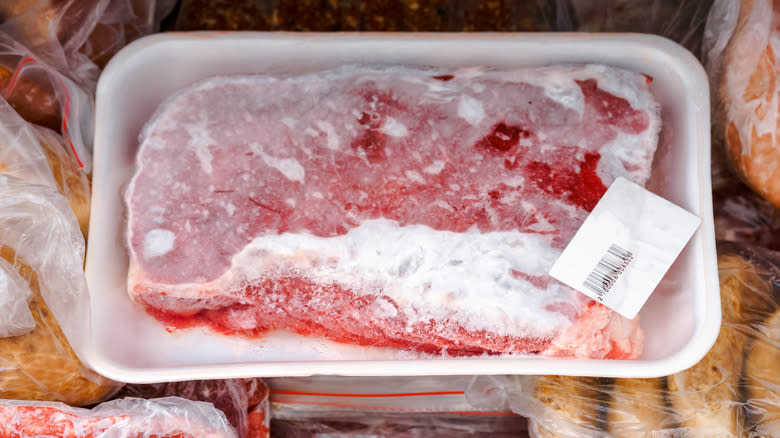 Frozen steak in original supermarket package