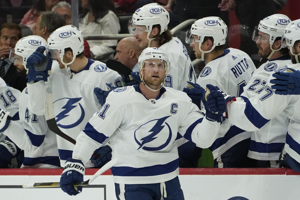 Tampa Bay Lightning center Steven Stamkos celebrates his goal against the Detroit Red Wings in the second period of an NHL hockey game Thursday, Oct. 14, 2021, in Detroit. (AP Photo/Paul Sancya)