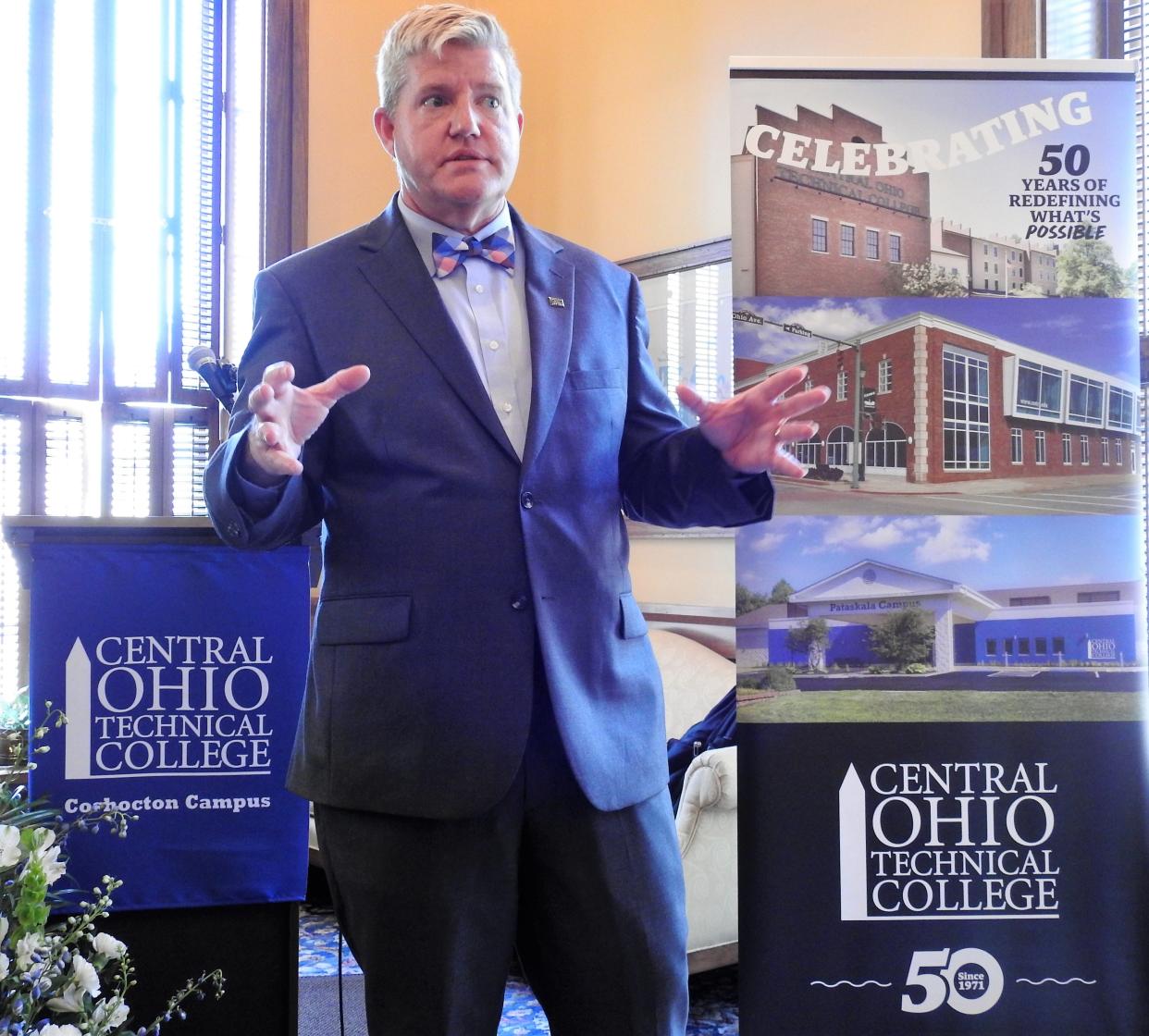 John Berry, president of COTC, speaks at a press conference at the Coshocton Campus regarding what the college will be offering students regarding the Intel computer chip plant coming to Licking County and what they are looking for with employees, primarily in the engineering and electrician fields.