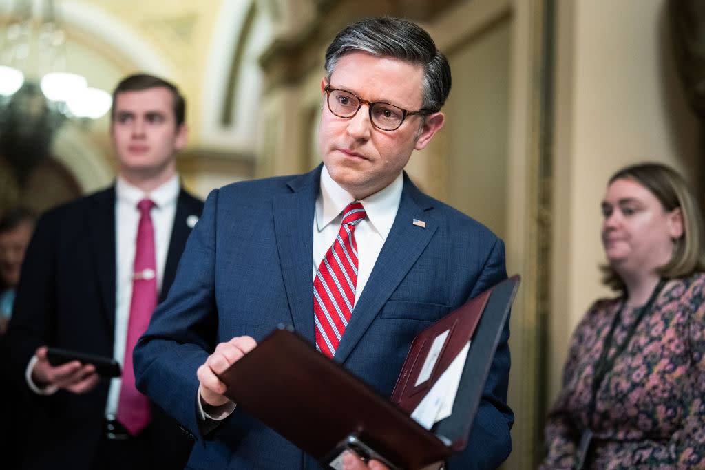 House Speaker Mike Johnson arrives for a news conference in the U.S. Capitol after the House passed the foreign aid package rule on Friday, April 19, 2024. (Tom Williams/CQ-Roll Call, Inc via Getty Images)