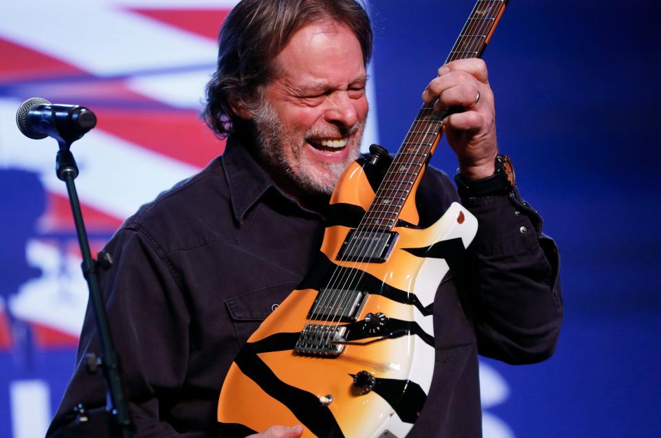 Ted Nugent performs at a rally for Republican U.S. Senate candidate John James in Pontiac, Mich., Wednesday.