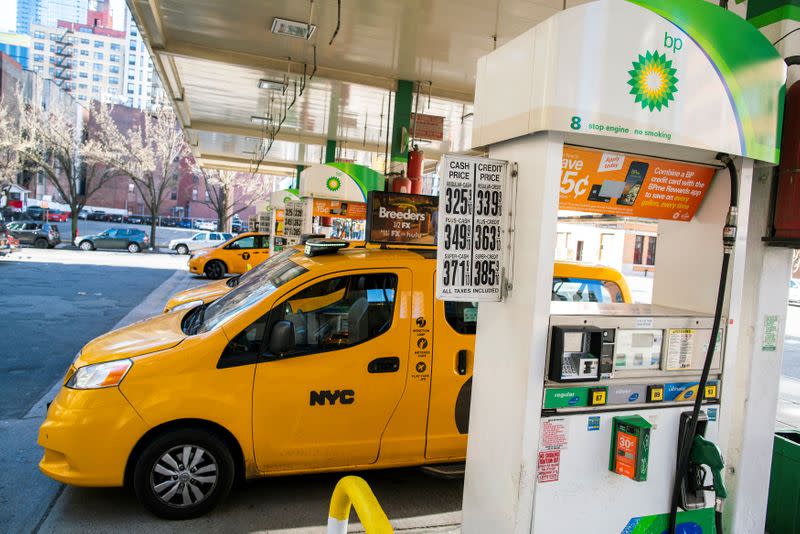 Taxis are seen at a gas station while gasoline price has been declined due to coronavirus disease (COVID-19) in New York