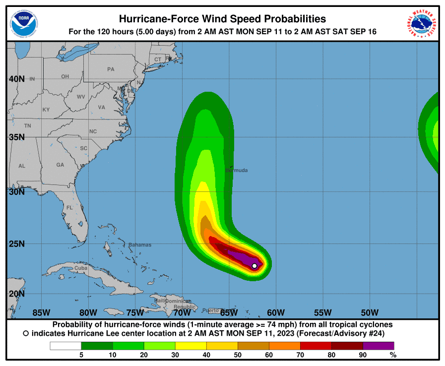 Wind speed probabilities for hurricane Lee, as of Sept. 11.