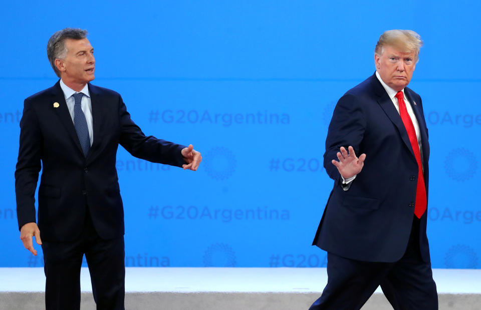 President Donald Trump is welcomed by Argentina’s President Mauricio Macri as he arrives for the G20 leaders summit in Buenos Aires, Argentina November 30, 2018. (Photo: Marcos Brindicci/Reuters)