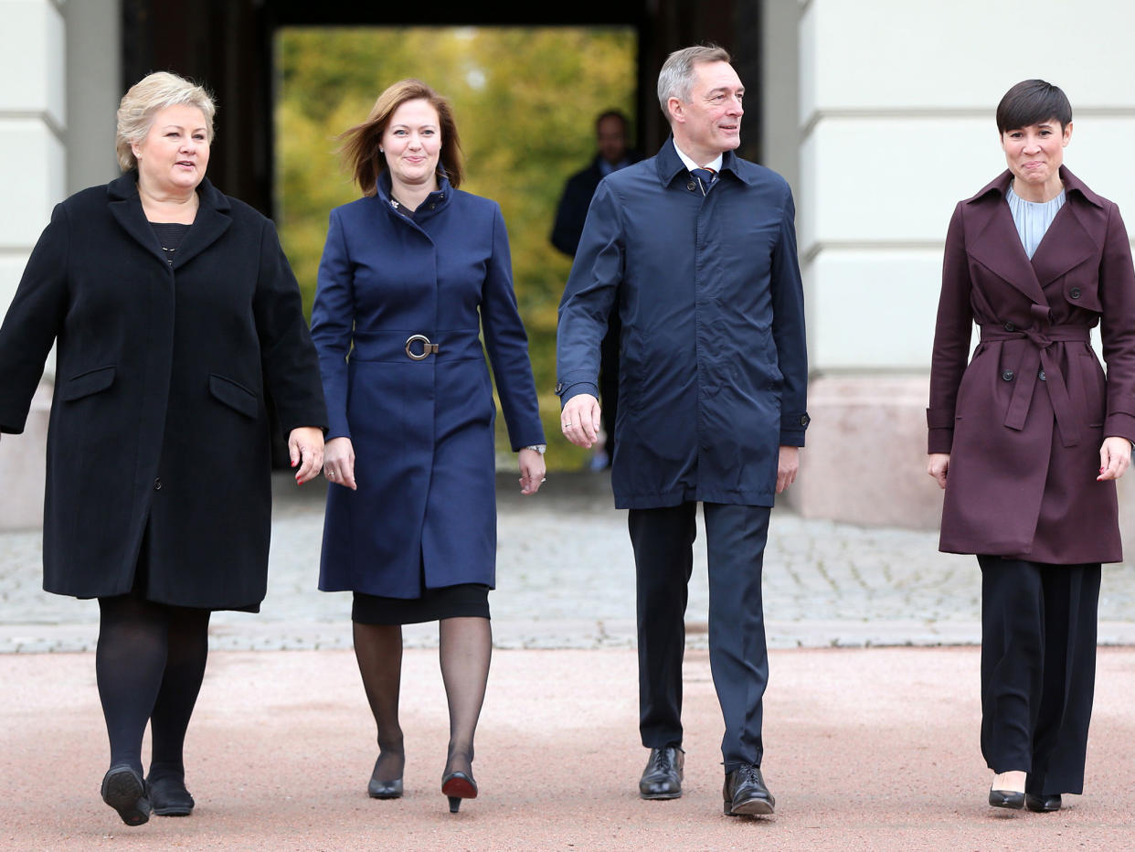 Norwegian Prime Minister Erna Solberg (L) walks with newly-appointed Minister for EEA and EU Affairs, Marit Berger Rosland (2ndL); Minister of Defence, Frank Bakke-Jensen (2ndR) and Foreign Affairs Minister Ine Eriksen Soreide (R): AFP/Getty Images