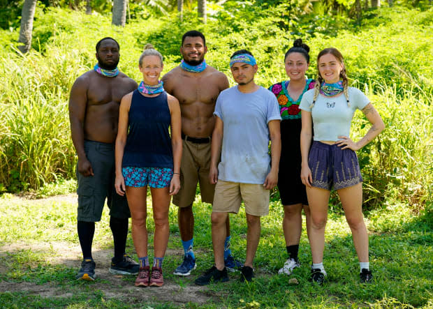 <p>The blue Coco tribe consists of (from L to R): <strong>James Jones</strong>, <strong>Lindsay Carmine</strong>, <strong>Ryan Medrano</strong>, <strong>Geo Bustamante</strong>, <strong>Karla Cruz Godoy</strong>, and <strong>Cassidy Clark</strong>.</p><p>Robert Voets/CBS</p>