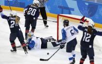 Ice Hockey - Pyeongchang 2018 Winter Olympics - Women's Semifinal Match - U.S. v Finland- Gangneung Hockey Centre, Gangneung, South Korea - February 19, 2018 - Hannah Brandt, Kelly Pannek and Dani Cameranesi of the U.S. celebrate a goal scored by team mate Hilary Knight. REUTERS/Grigory Dukor