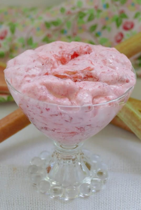 <p>Hot Eats and Cool Reads</p><p>You can use fresh or frozen rhubarb and any red-colored Jello for this fun dessert.</p><p><strong>Get the recipe: <a href="https://www.hoteatsandcoolreads.com/2020/05/delicious-rhubarb-fluff-recipe.html" rel="nofollow noopener" target="_blank" data-ylk="slk:Rhubarb Fluff;elm:context_link;itc:0;sec:content-canvas" class="link rapid-noclick-resp">Rhubarb Fluff</a></strong></p>