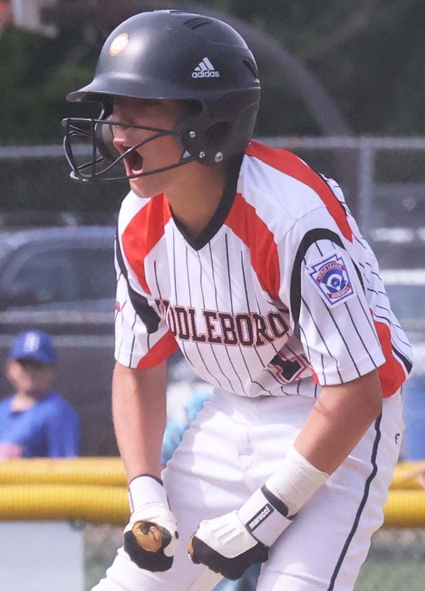 Middleboro 12U Nationals Nathan Mello celebrates his double during a game versus Wellesley at Dunn Little League Complex at Hollingsworth Park in Braintree on Sunday, July 31, 2022.   