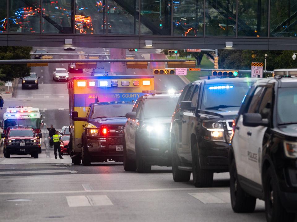 A procession of Austin police, fire and EMS leaves Dell Seton Medical Center and heads toward the Travis County medical examiner's office after the death of a police officer fatally injured in Saturday's early morning shooting.