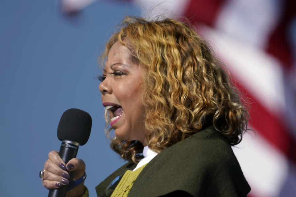 FILE - Rep. Lucy McBath, D-Ga., speaks to supporters of Joe Biden as they wait for former President Barack Obama to arrive and speak at a rally Nov. 2, 2020, in Atlanta. Georgia lawmakers are scheduled to begin a special session called by Gov. Brian Kemp to redistrict Georgia's congressional delegation, state Senate and state House. The headline-grabbing issue for lawmakers will be whether Republicans target suburban Democrats McBath and Carolyn Bourdeaux, who have gained seats in recent years. (AP Photo/Brynn Anderson, File)