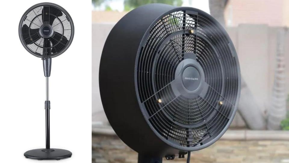 This outdoor fan sprays a cooling mist as it oscillates back and forth.