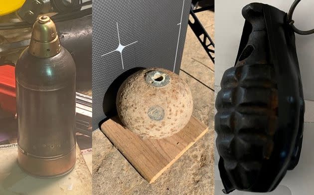 The FBI last year shared these photos of explosive devices that were recovered and rendered safe by the FBI Eastern Missouri Bomb Tech Task Force. From left: A World War II-era Japanese mortar round, a Civil War-era cannonball, and a grenade.