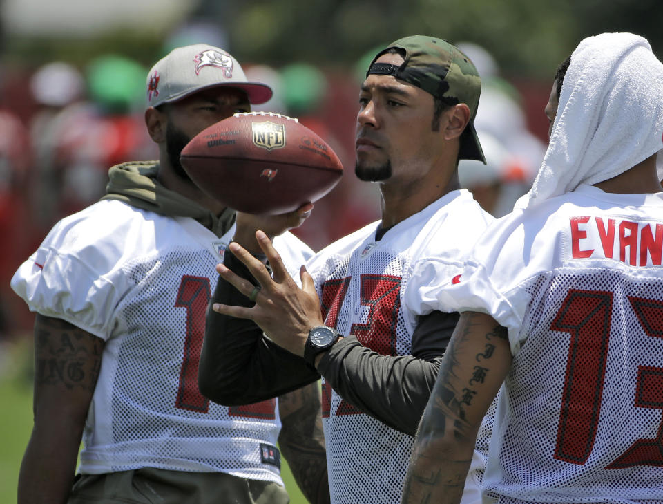 FILE - In this June 14, 2016, file photo, Tampa Bay Buccaneers wide receiver Vincent Jackson (83) attends drills at an NFL football minicamp in Tampa, Fla. Florida authorities are looking into the death of former Buccaneers player Jackson, who was found dead Monday, Feb. 15, 2021, at a Florida hotel room. (AP Photo/Chris O'Meara, File)