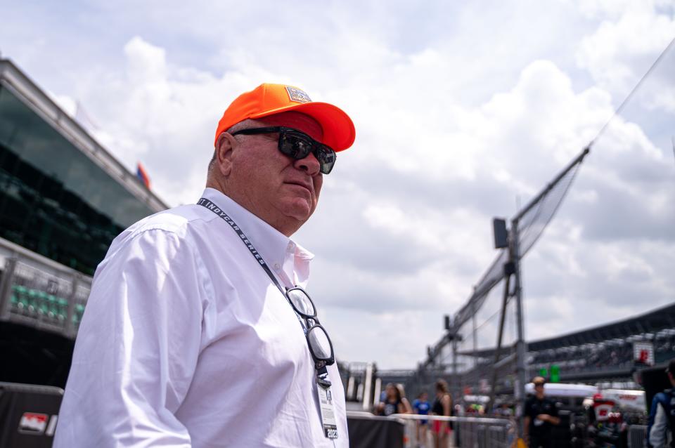 Chip Ganassi Racing owner Chip Ganassi talks out to the pits Saturday, May 13, 2023, during the pit walk the GMR Grand Prix at Indianapolis Motor Speedway. 