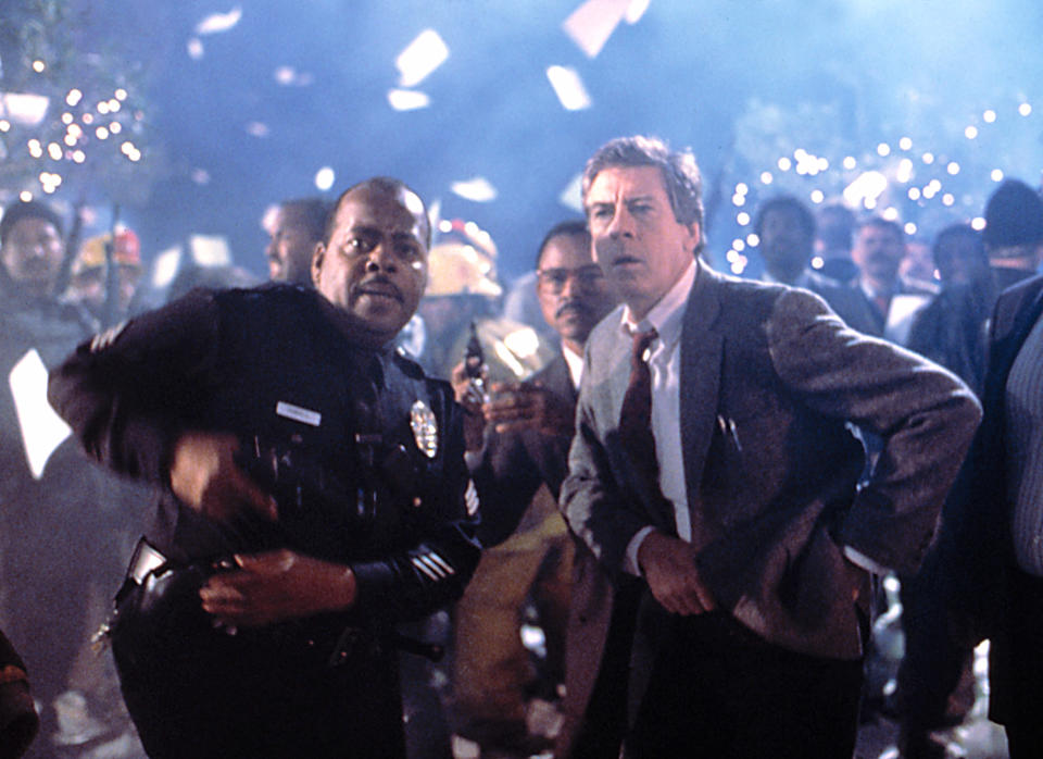 Reginald VelJohnson and Paul Gleason in the climactic scene of 'Die Hard,' where paper falls from the skyscraper like snowflakes (Photo: 20th Century Fox Film Corp/Courtesy Everett Collection)