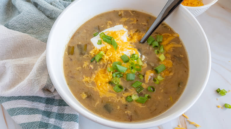 Creamy potato leek soup bowl