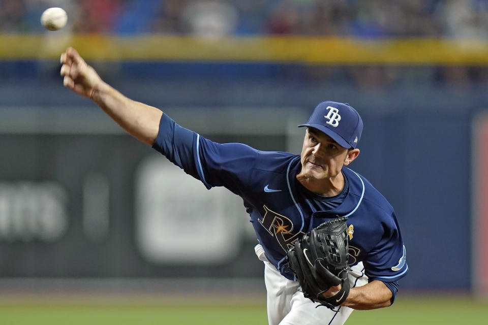 Tampa Bay Rays pitcher David Robertson delivers to the Boston Red Sox during the eighth inning of a baseball game Wednesday, Sept. 1, 2021, in St. Petersburg, Fla. (AP Photo/Chris O'Meara)