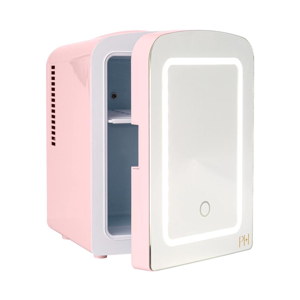 paris hilton pink and white skincare fridge