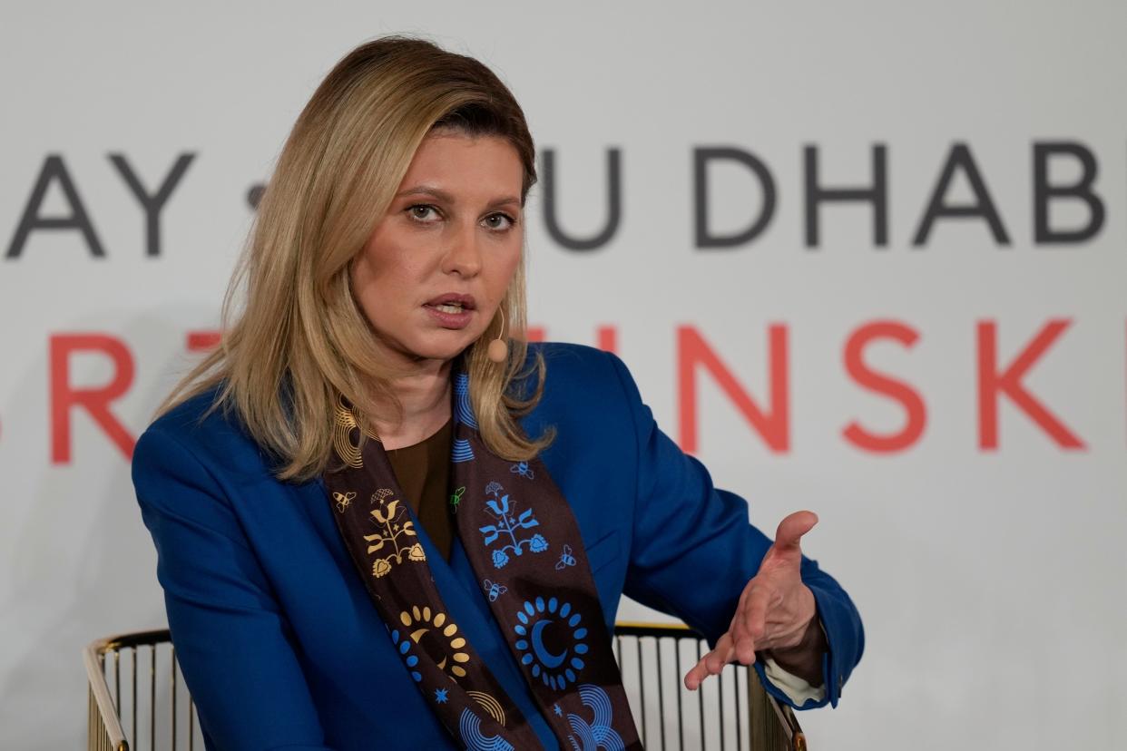 Olena Zelenska, First Lady of Ukraine talks during the International Women’s Day in Abu Dhabi, United Arab Emirates (AP)