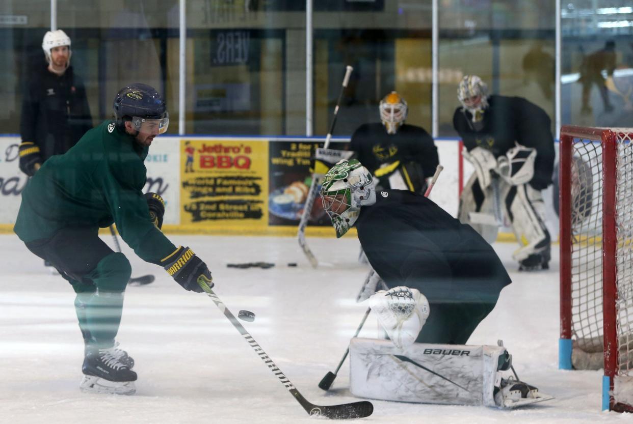 The Iowa Heartlanders hockey team practices Wednesday, Feb. 28, 2024 at The Rink at Coral Ridge in Coralville, Iowa.
