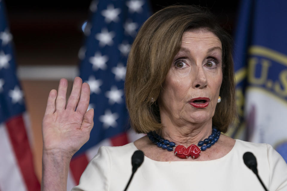 Speaker of the House Nancy Pelosi, D-Calif., addresses reporters at the Capitol in Washington, Thursday, Sept. 26, 2019, as Acting Director of National Intelligence Joseph Maguire appears before the House Intelligence Committee about a secret whistleblower complaint involving President Donald Trump. Pelosi committed Tuesday to launching a formal impeachment inquiry against Trump. (AP Photo/J. Scott Applewhite)