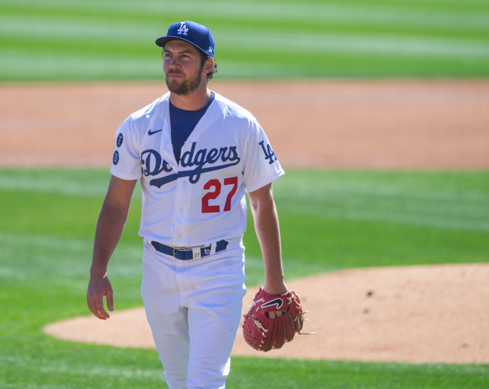 GLENDALE, AZ - MARCH 01: Trevor Bauer #27 of the Los Angeles Dodgers pitches during a spring training game.