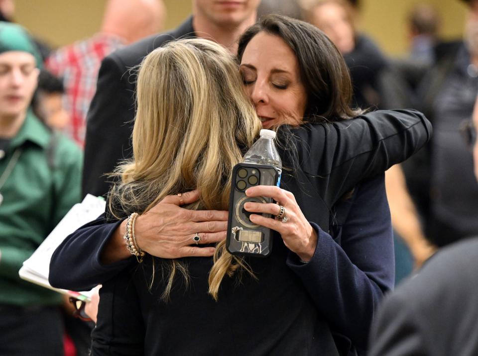 Rep. Katy Hall, R-South Ogden, receives a hug from Jill Koford after Senate members of the Education Standing Committee heard comments on HB261 at the Capitol in Salt Lake City on Monday, Jan. 22, 2024. The bill received a favorable recommendation. | Scott G Winterton, Deseret News