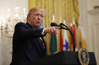 CORRECTS DAY OF WEEK TO FRIDAY FROM THURSDAY- President Donald Trump speaks at the Hispanic Heritage Month Reception in the East Room of the White House in Washington, Friday, Sept. 27, 2019. (AP Photo/Carolyn Kaster)