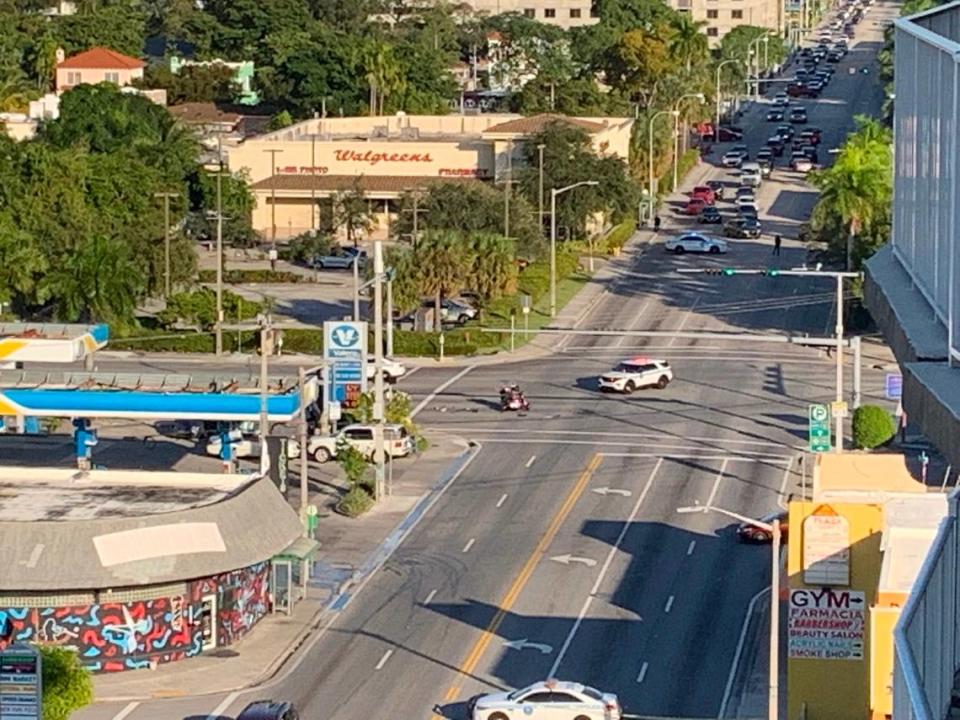 A shot of the crash site and closed intersection of Northwest 17th Avenue and Seventh Street from a nearby apartment.