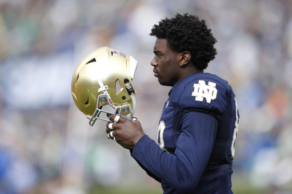 Notre Dame WR Javon McKinley was arrested early Sunday morning and charged Monday with two counts of battery and one count of illegal alcohol consumption. (Getty Images)