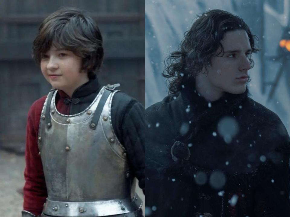 left: a young jacaerys in house of the dragon, wearing armor and with fluffy brown hair; right: older jacaerys played by harry collett, he has shoulder-length curly hair and is wearing a cloak as he walks through snow