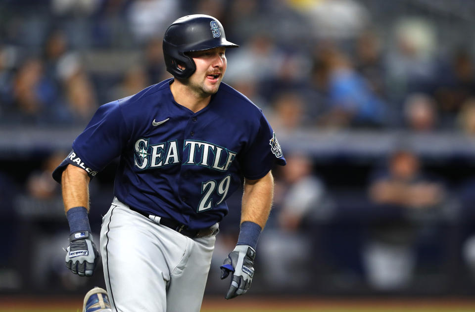 Seattle Mariners' Cal Raleigh rounds the bases after hitting a home run against the New York Yankees during the fourth inning of a baseball game Thursday, June 22, 2023, in New York. (AP Photo/Noah K. Murray)